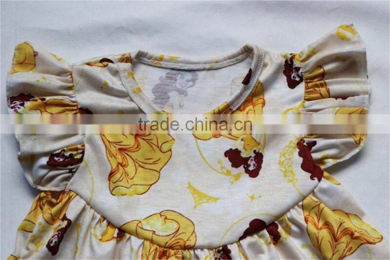New arrive kids summer smocks flutter sleeves prints princess yellow pearl dress