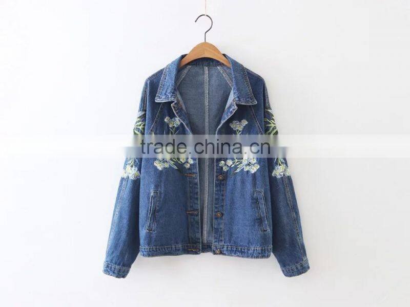 Ladies Autumn embroidered 100% cotton jeans jacket