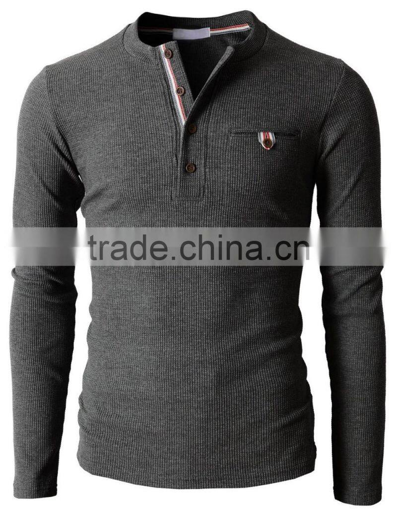 Mens Trendy Bound Pocket Waffle Cotton Knit Long Sleeve Henley Shirts