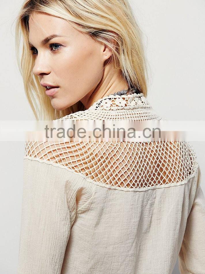 2016 Guangzhou Shandao Manufacturer New Fancy Women Autumn Long Sleeve Net Shoulder White Cotton Plain Blouse Designs