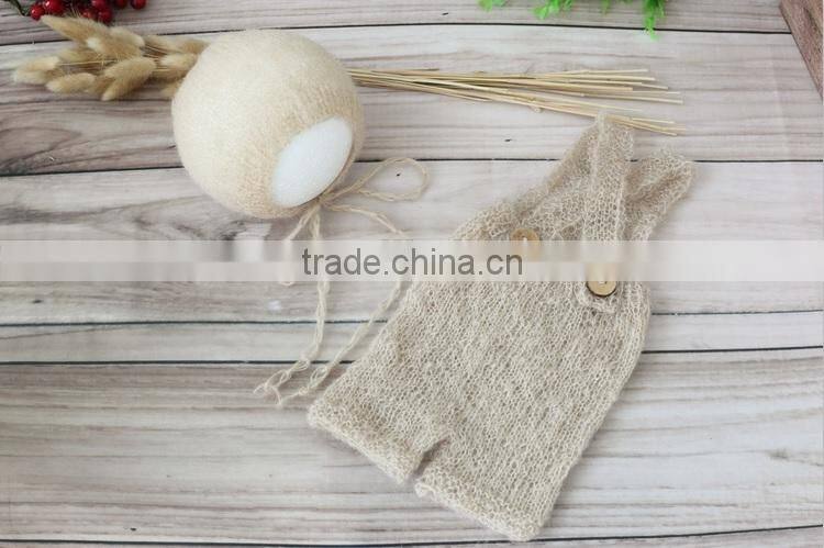 Newborn hat and pant Crochet mohair bonnet Baby hooded romper Lace girl overall Outfit Onesie photography props Knitted clothes