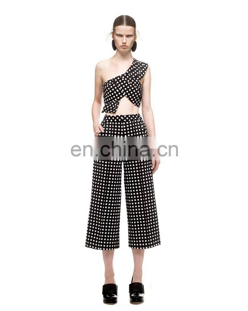 2015 new fashion women irregular elegant check patern two piece set