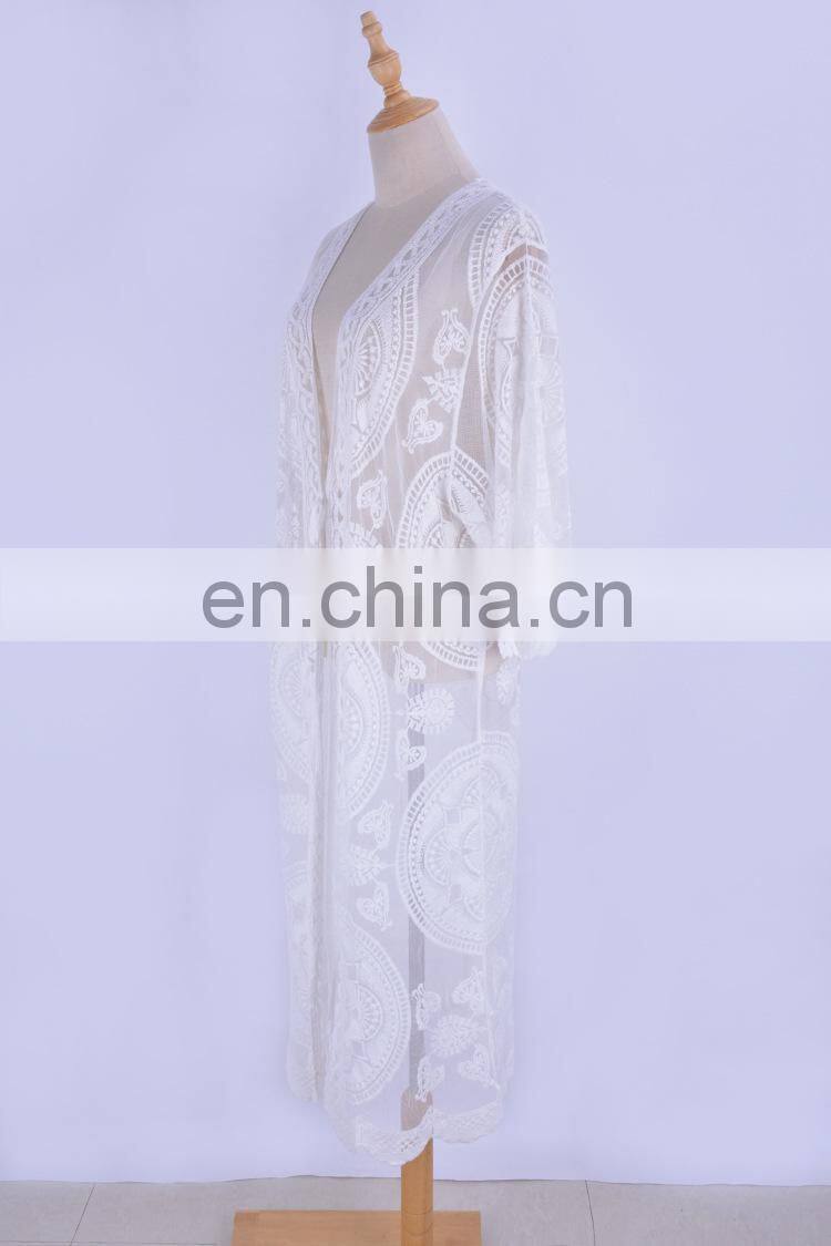 Beach dress floral embroidery swimwear women robe beach cardigan bathing suit cover ups for swimming