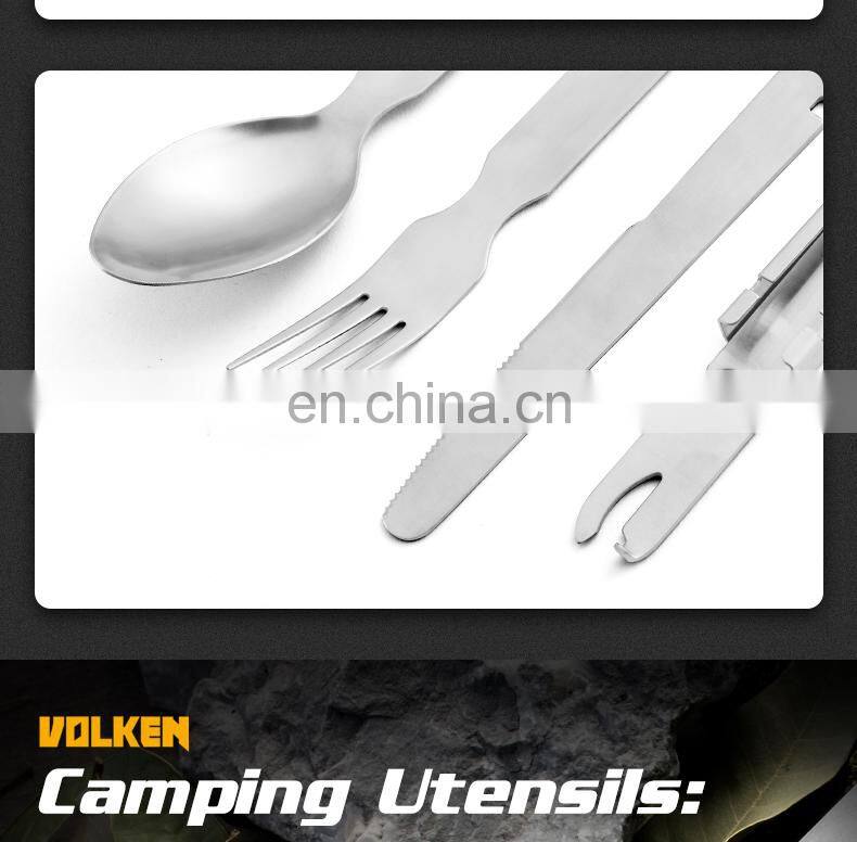 High Quality Outdoor Stainless Steel Camping Tableware 4 in 1 Portable Bottle Opener with Knife, Fork and Spoon