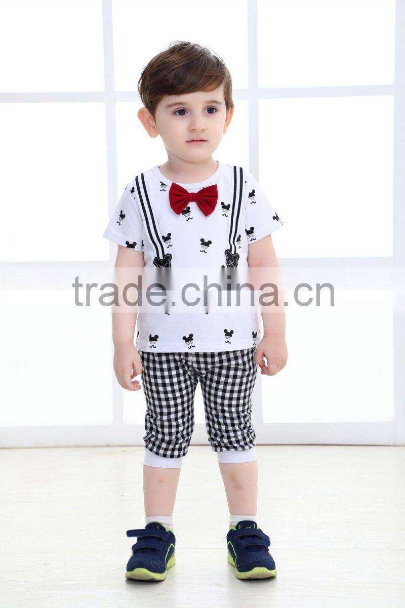 Korean Style Cute Baby Boys Summer Short Sleeve Cotton T-shirt & Grid Pants Baby Clothing Sets