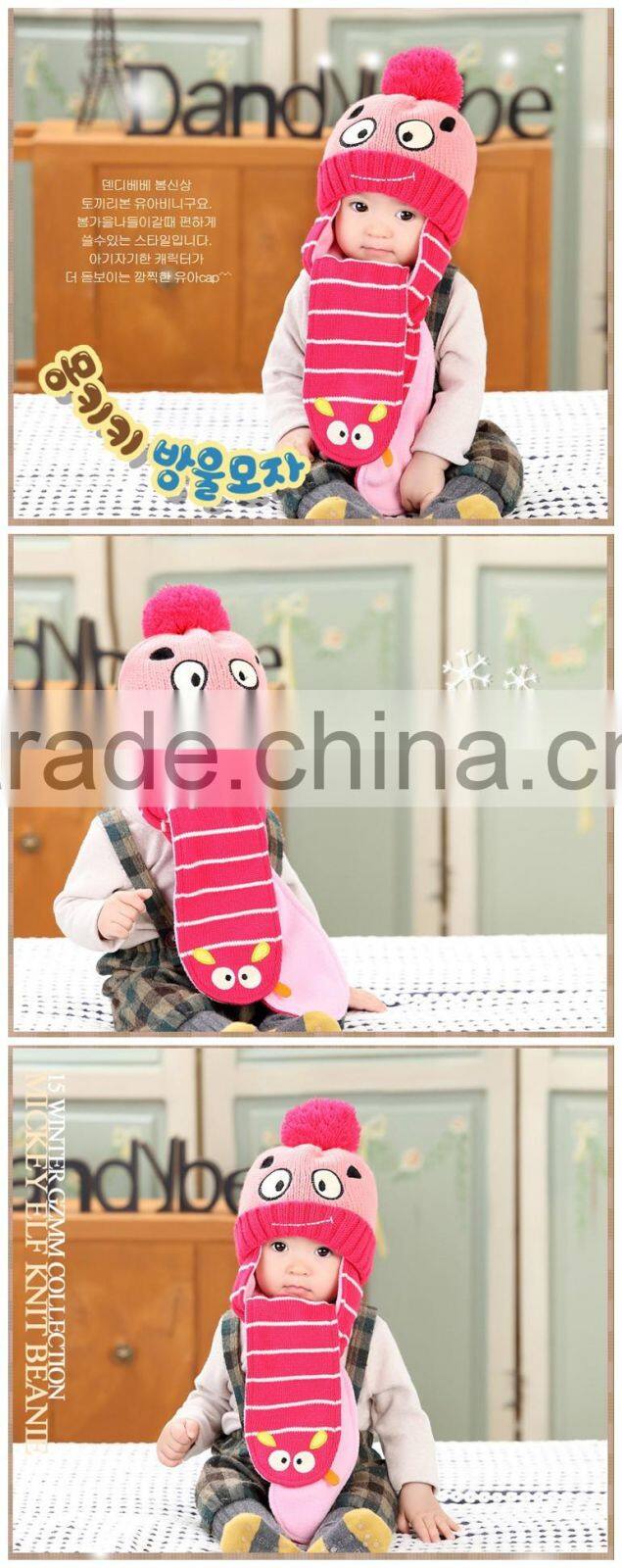 2015 Winter Newest Cute Eyes Embroidery Acrylic Stripe Knit Siamesed Two Piece Set Baby Hat and Scarf