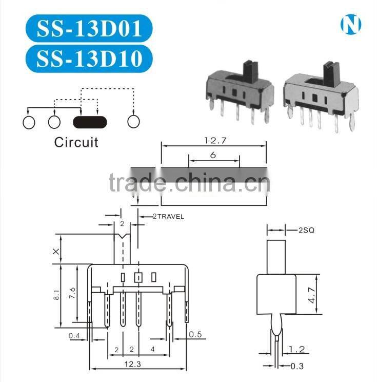 SS-13D01G5 high quality overheat 3position 1P3T vertical slide switch slide switch