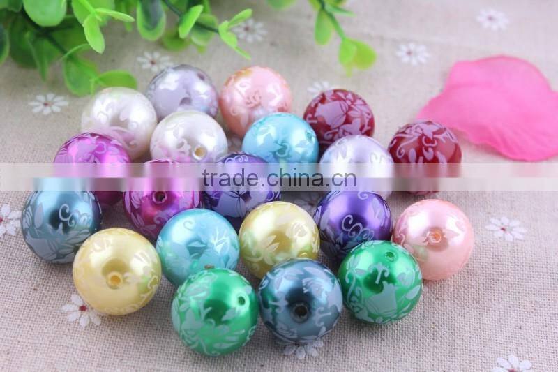 Factory price !!Imitated loose Round Acrylic faux Pearl Beads , Aqua flower Print fake Pearl Beads for party necklace using!!