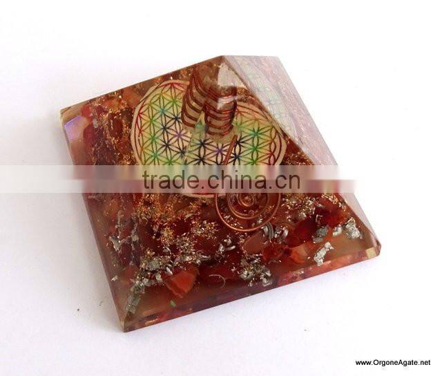 Chakra Pyramid | Big Orgone Red Carnelian Pyramid With Flower Of Life Symbol And Crystal Point | Reiki Products