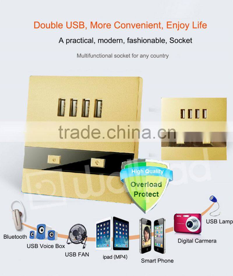 2015 New Products Wallpad Gold PC110~250V Electrical LED 4 Usb Charger Ports USB Power Wall Light Socket