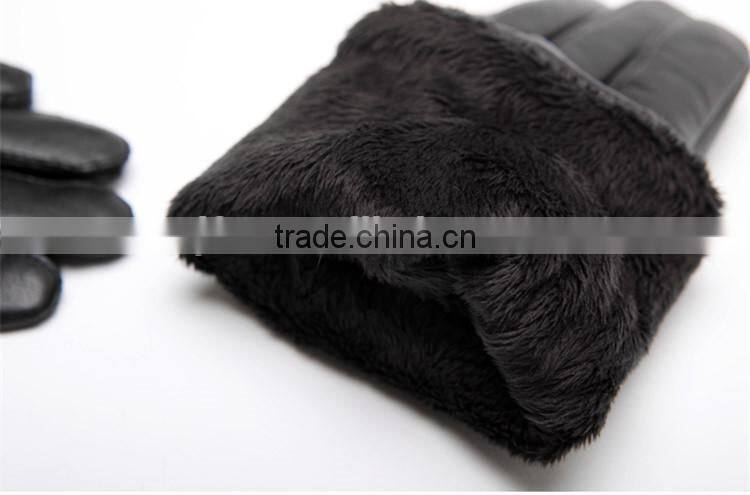 Delicate Sheep Fur Leather Gloves With Blue Fox Fur Pompom Flannelette Inside
