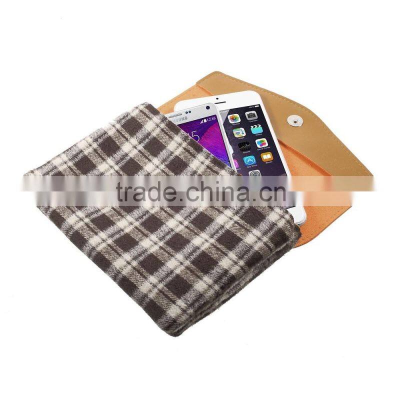 Check Pattern Lint and Leather Hybrid Bag for Smart Phones with Strap Size: 19 x 12cm(L x W)