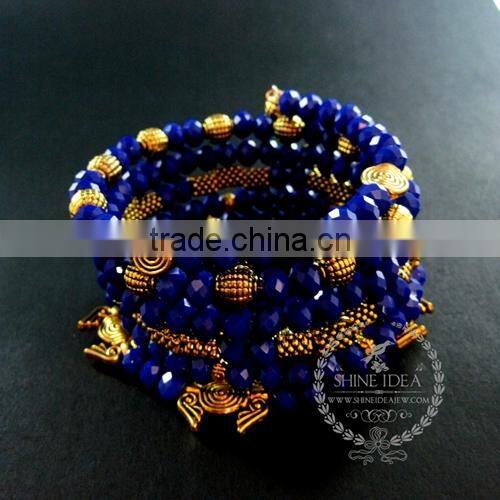 vintage antiqued gold wings deep blue faceted glass beads 6 layers chunky chic fashion wiring bangle bracelet jewelry 6490041