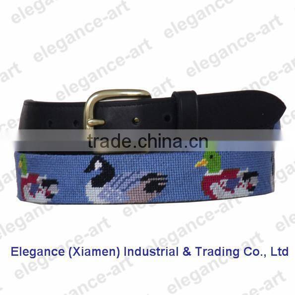 Needlepoint belt with black genuine cowhide leather