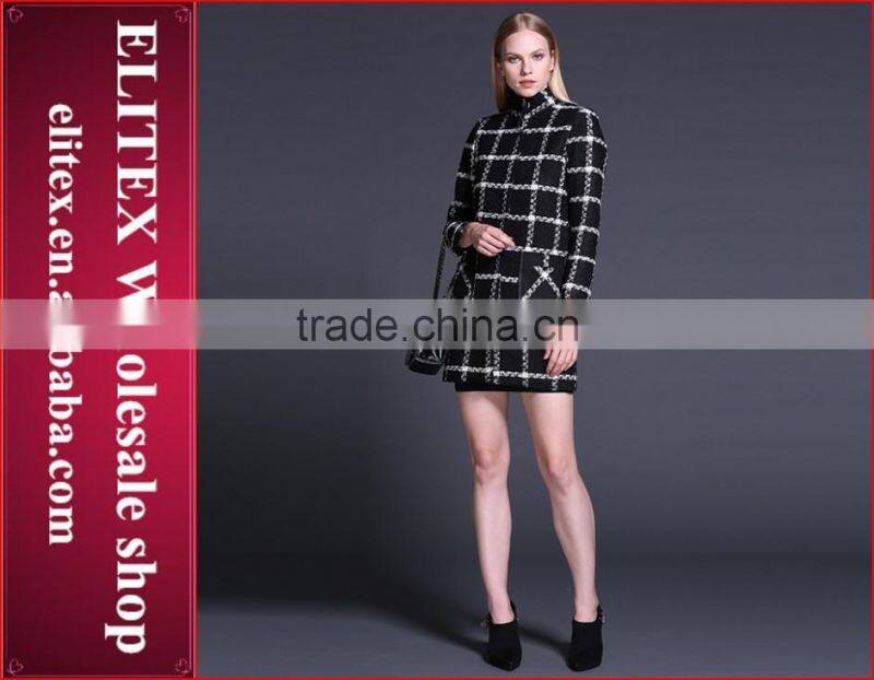 2015 Newest Black Plaid Straight Lady Overcoat Warm Winter Dress With Pocket