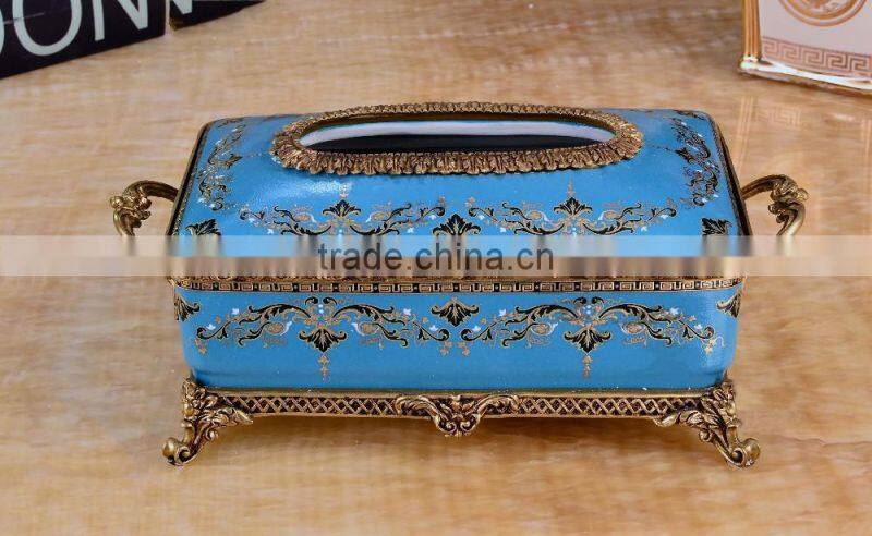 New design noble appliance blue ceramic floral painting brass decorative tissue box