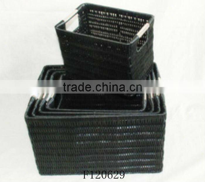 Set of Four Black Rectangle Plastic Storage Basket With Stainless Steel Handle