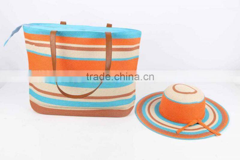2017 floppy sun paper straw hat and bag set with PU trim