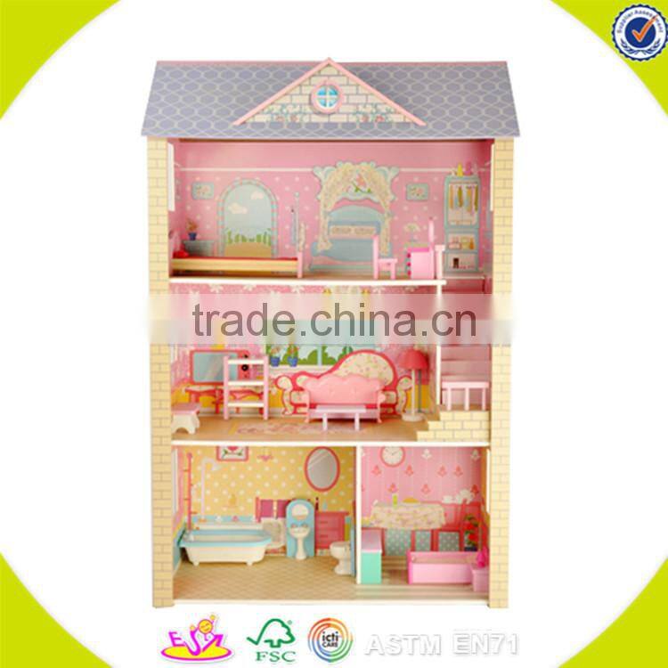 Wholesale kids beautiful wooden dollhouse miniatures fashion baby wooden dollhouse toy W06A030