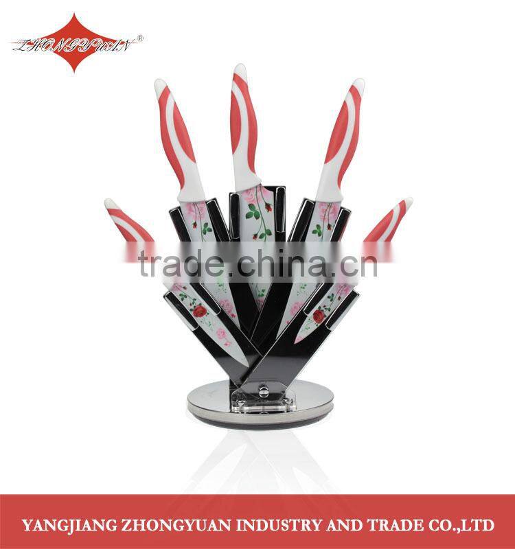 5 pcs set of non-stick coated/colorful rose printing kitchen knives