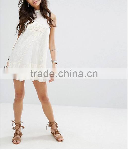 Women Summer Bohemian Casual Wear, Swing Style Ivory Top Woven Lace Cotton Mini Dress