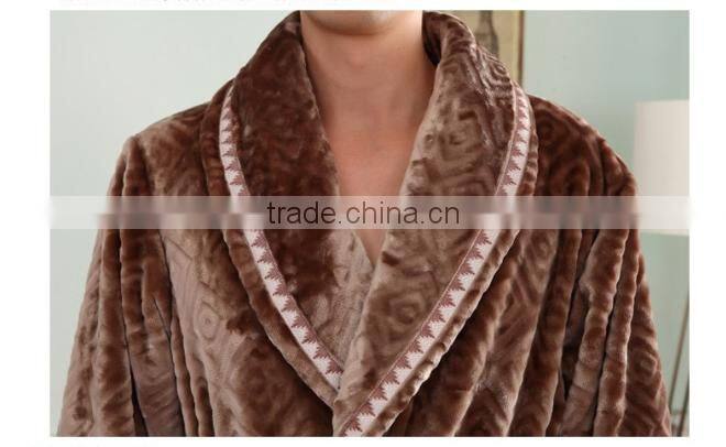 100% polyester embossed powder plush fleece men's bathrobe, nightie gown