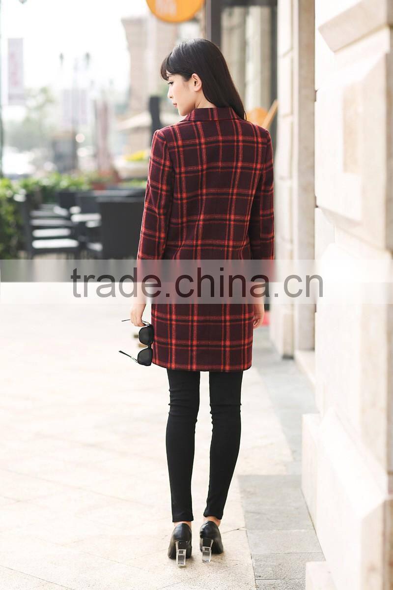 OEM fashion 2016 winter coats plain plaid woolen overcoat for women