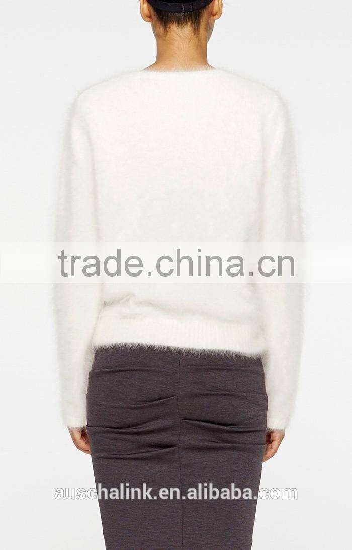 personalized lady ivory V neck ribbed hem100% angora sweater