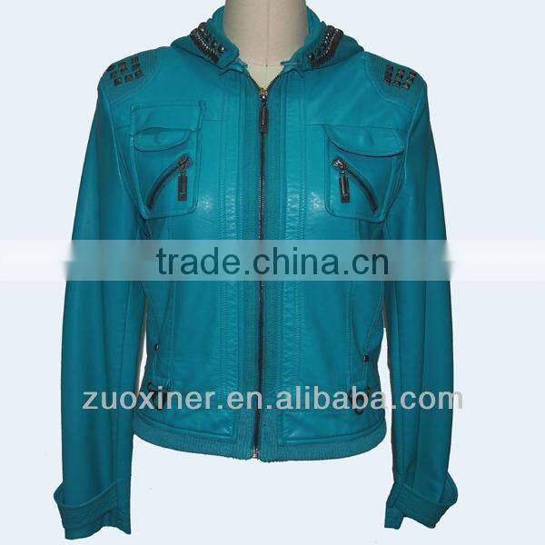 Hot sell PU leather coat with hood for lady| faux leather jacket for women