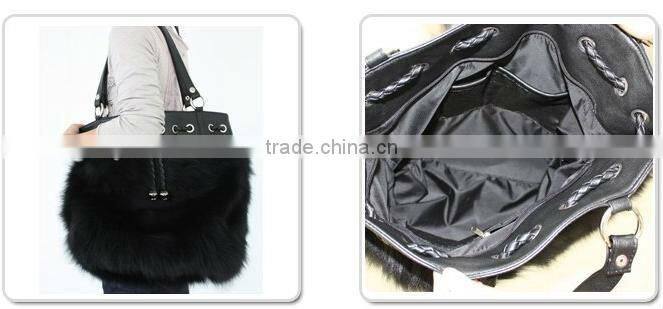 CX-H-10B High Quality Fashion Leather Handbags Women Real Fox Fur Ladies Hand Bag