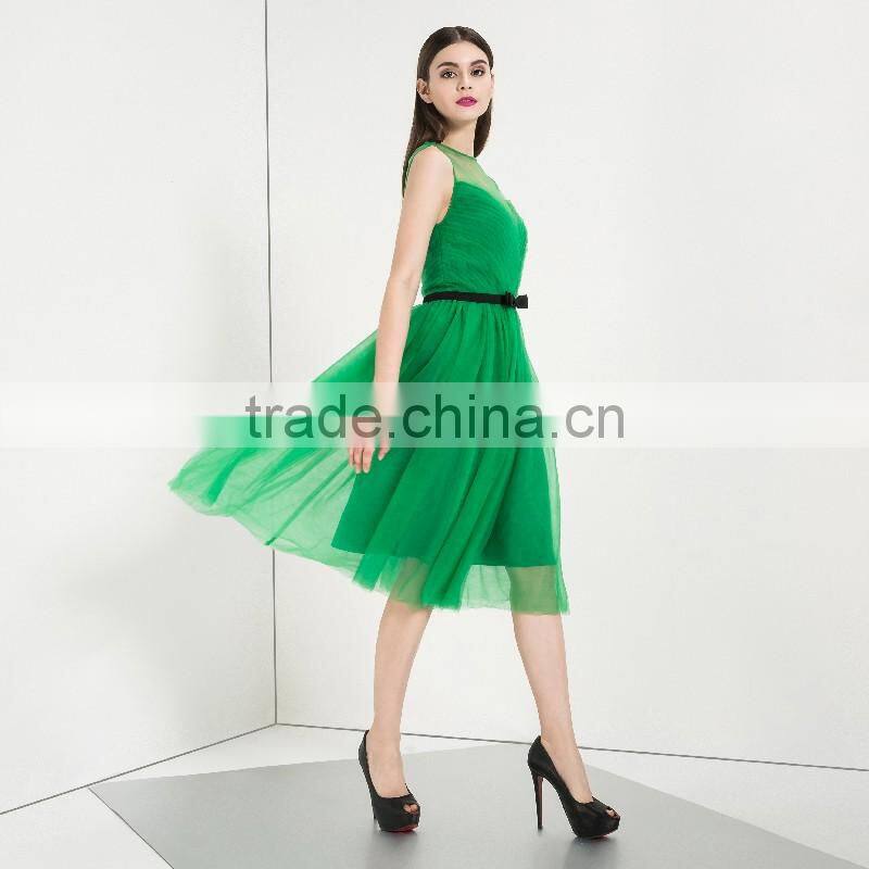 2016 Hot Selling Women Fashion Sleevless Mesh Tutu Evening Dress Green Beaded Short Dress of Evening
