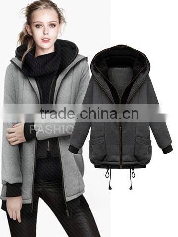 2-Layer Hooded Long Sleeve 2-Layer Zipper Pure Cotton Coat for Women
