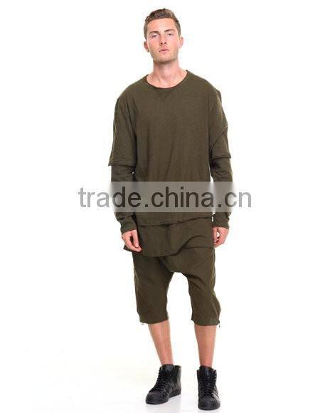 Pieced layered construction raw mens athleisure crew neck collar longline tees