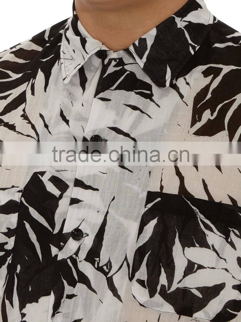Palm leaf print short sleeved shirt with chest pocket