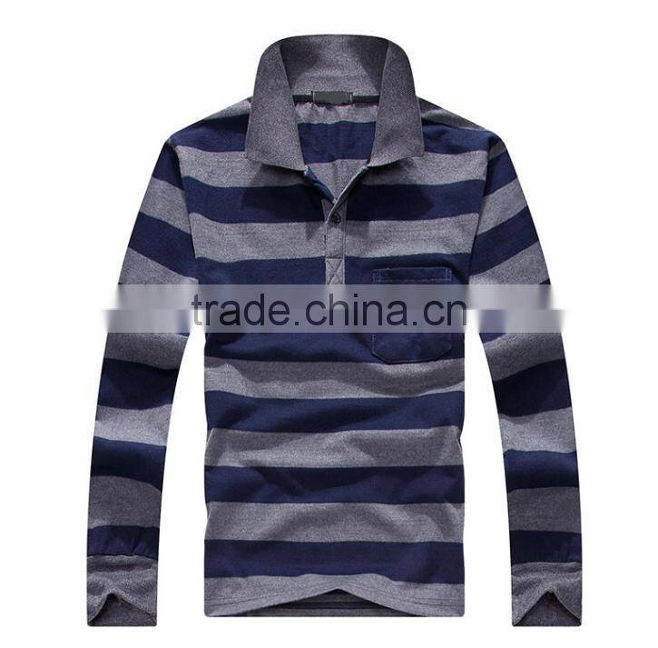 2016 hot sale custom 100% cotton long sleeve mens stripe polo shirts with pocket