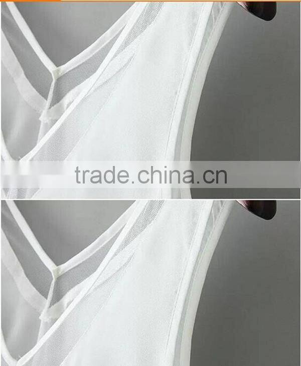 European and American style solid color V-neck blouses stitching gauze halter T-shirt Tank top women