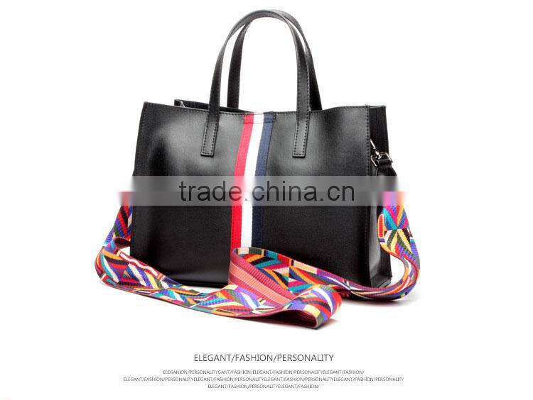 Top-Grade Simple Design Leather Hand Bags Color Straps Women Tote Handbag