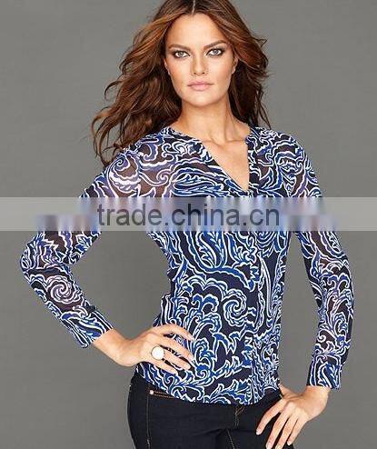 fashion designer long sleeve V neck slim fit print chiffon shirt