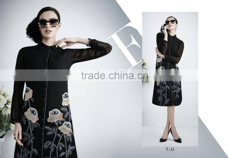 Salmon and Red color with Gold flakes neck design Vogue Designer Kurtis