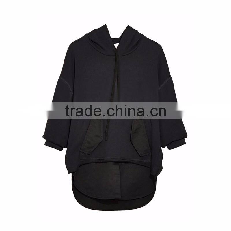 Black Drop Shoulder Split Side Paneled Hoodie for Ladies