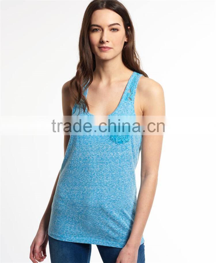 2017 Shandao New Sample Daily Wear Summer Casual Sleeveless Round Neck Slim Pocket With Lace Pink Cotton Women Tank Top