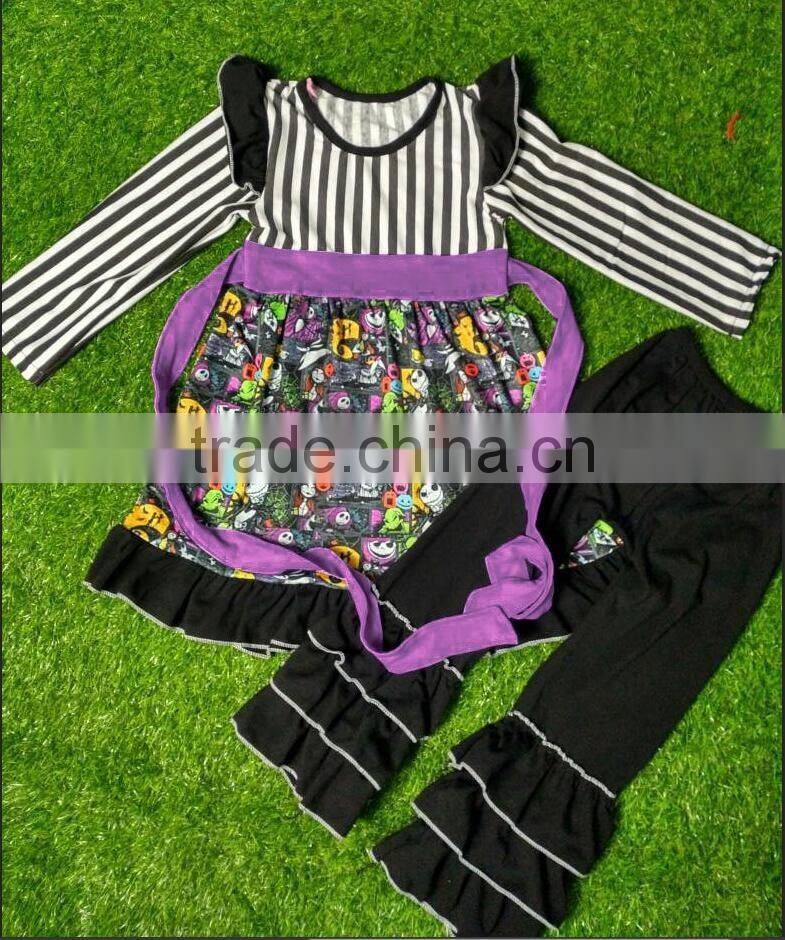 2016 new style Halloween black and orange pumpkin tunic and triple ruffle pant clothing sets bulk wholesale kids fall clothing