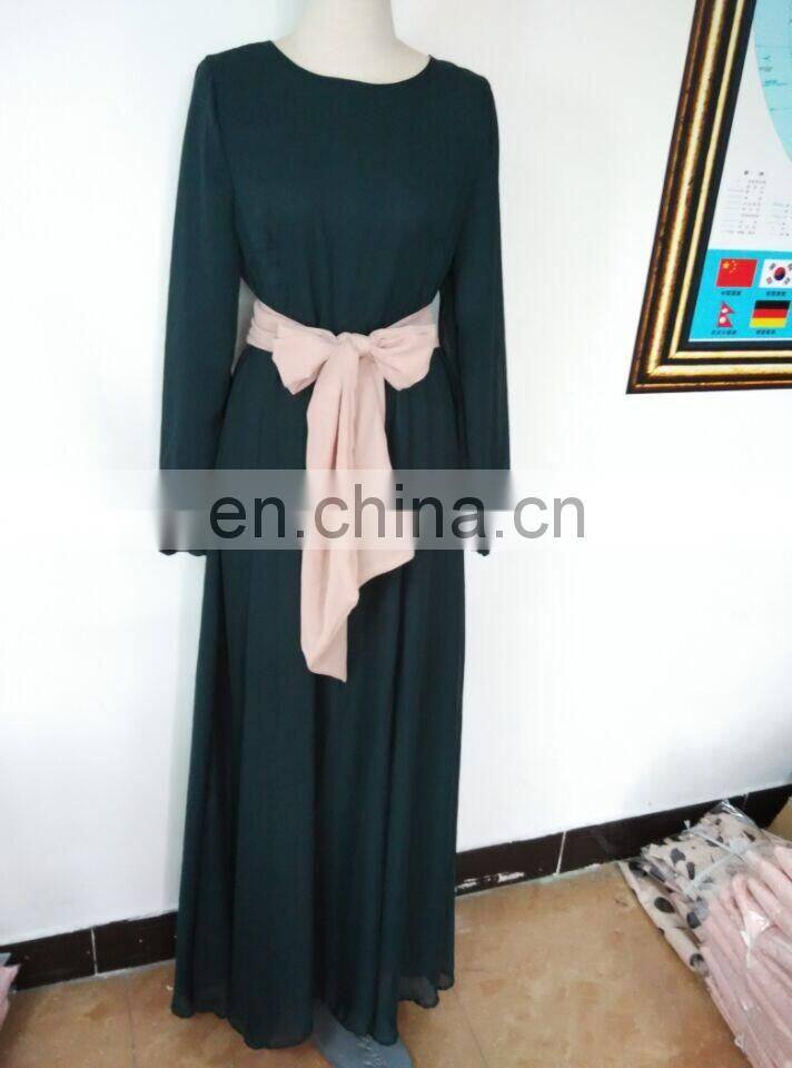 Long sleeve muslim dress for woman,chiffon maxi dress with belt
