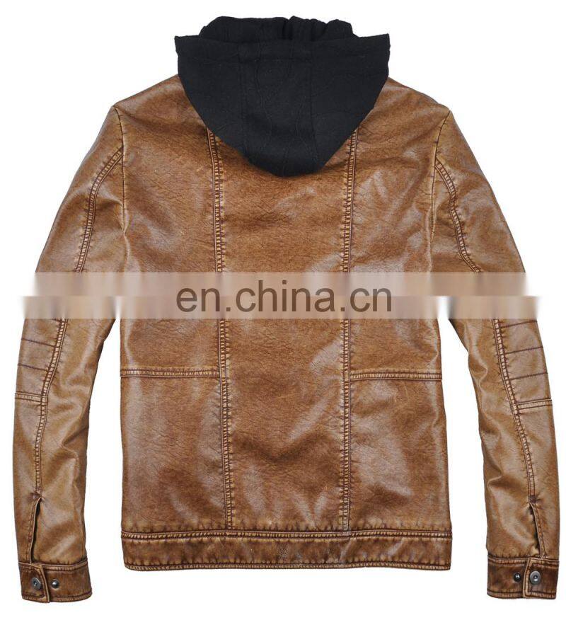 2015 last fashion handsome warm mens hooded leather jacket
