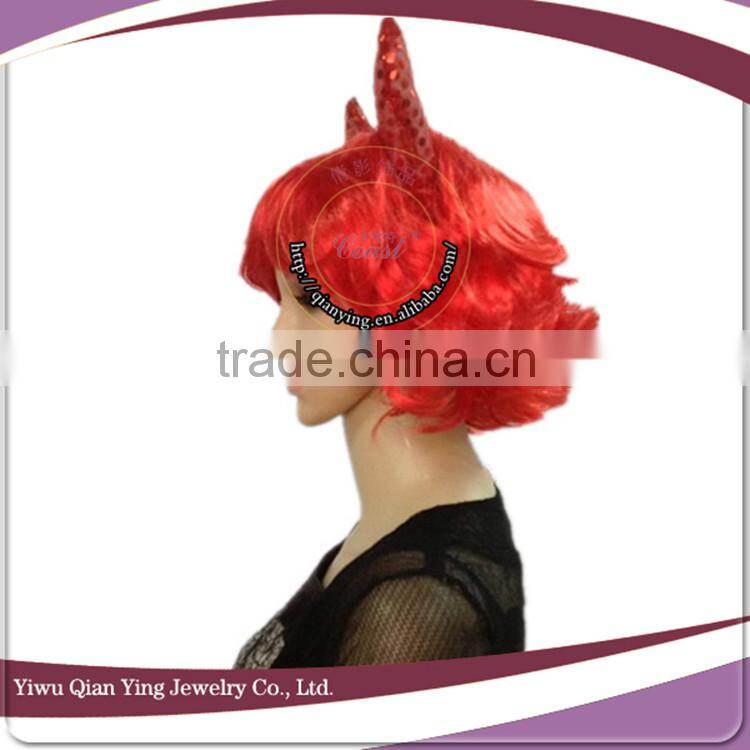 Cheap short red curly synthetic halloween party hair wig with ox horn