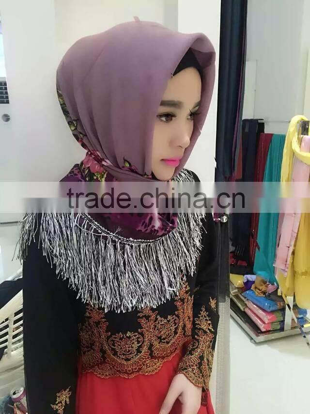 fashion islamic headscarf fringer print flower french cotton muslim square scarf for women