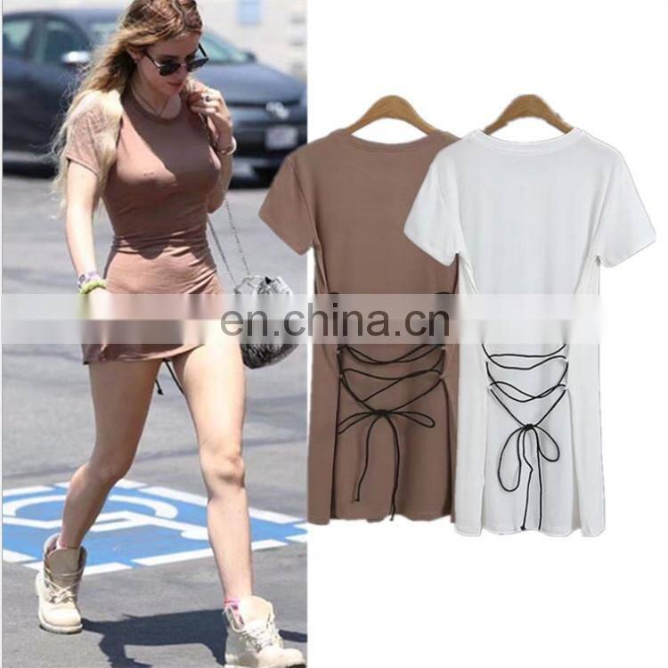 Customized sexy women's back cross tie rope mid-length short-sleeved T-shirt women summer new style dress