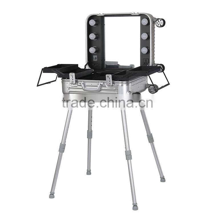 Factory direct wholesale makeup tool organizer case with lighted mirror and legs