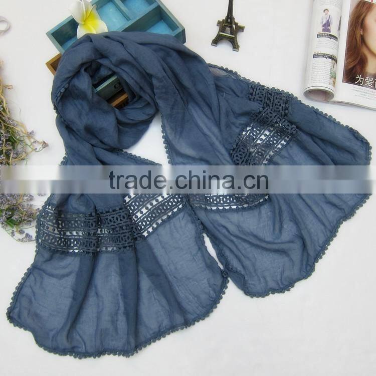 Newest Large Long Plain Embroidery Lace Brim Cotton Linen Brand Scarf
