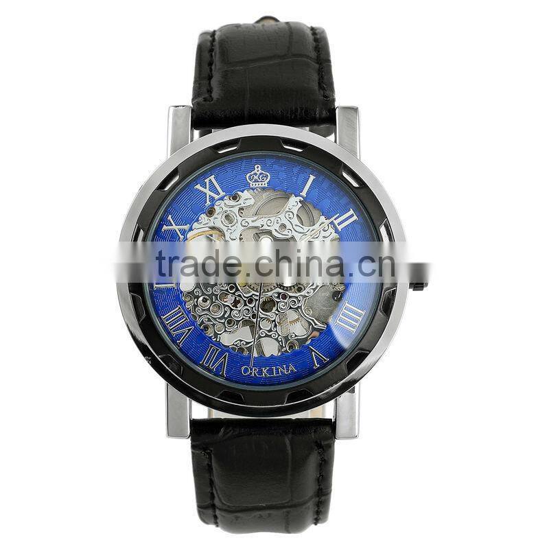 ESS Unisex Skeleton Dial Dark Blue Leather Strap Mechanical Luminous Watch WM341